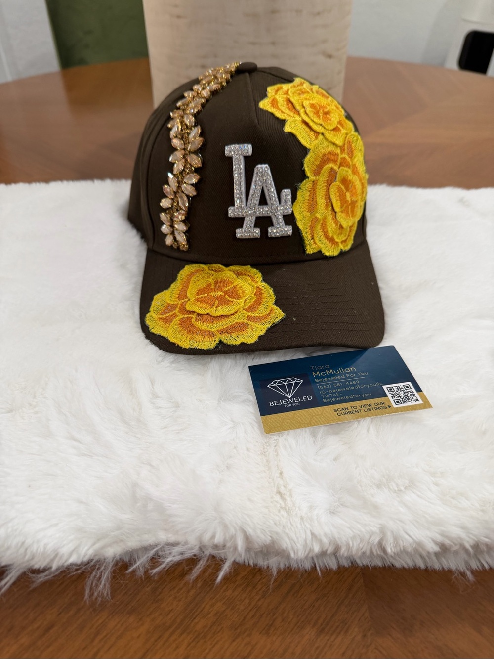 LA SnapBack Hat with Luxury Australian Crystals & Yellow Floral Appliqué